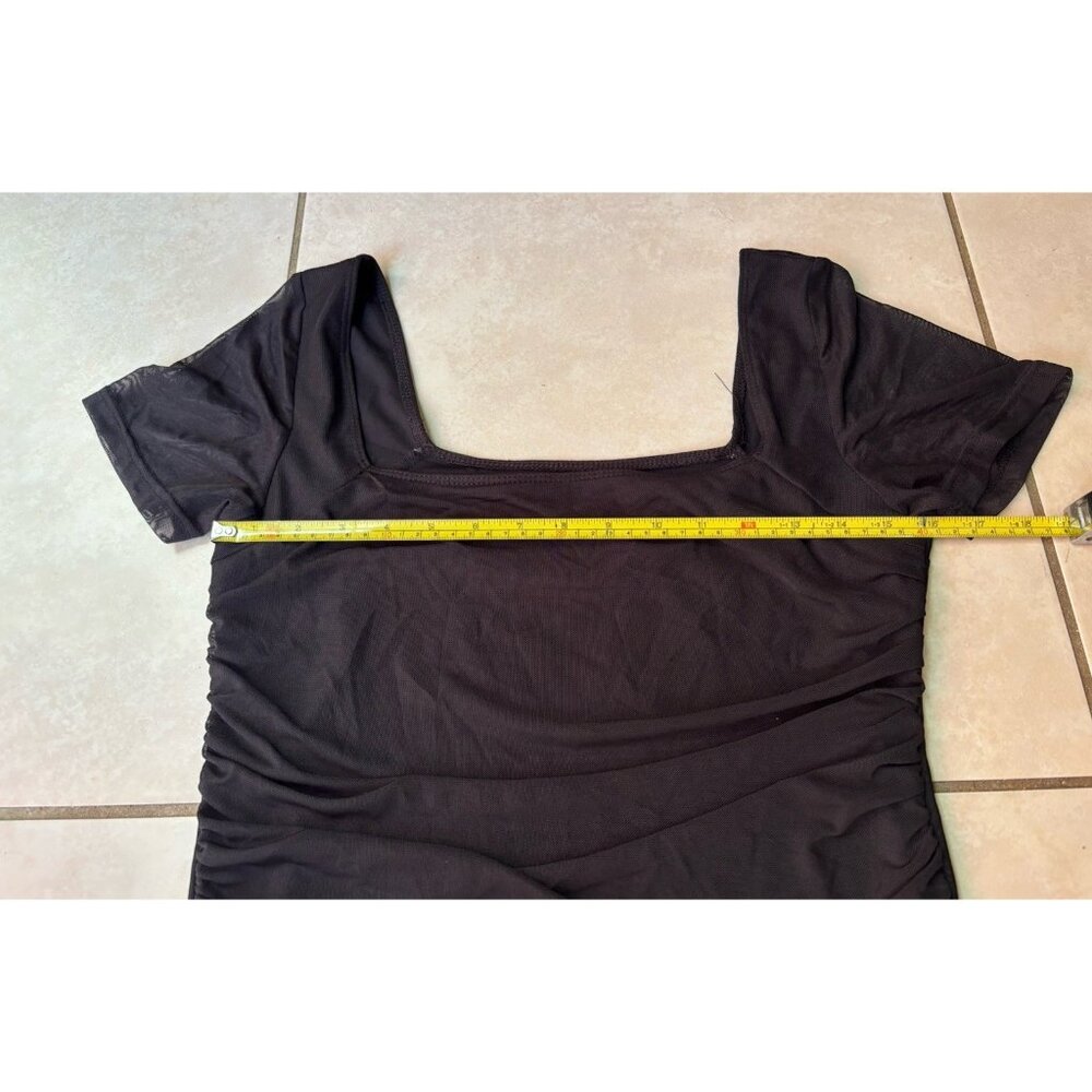 Chunpin Women's Square Neck Mesh Short Sleeve Thong Slimming Bodysuit Sz L Black - Picture 6 of 7